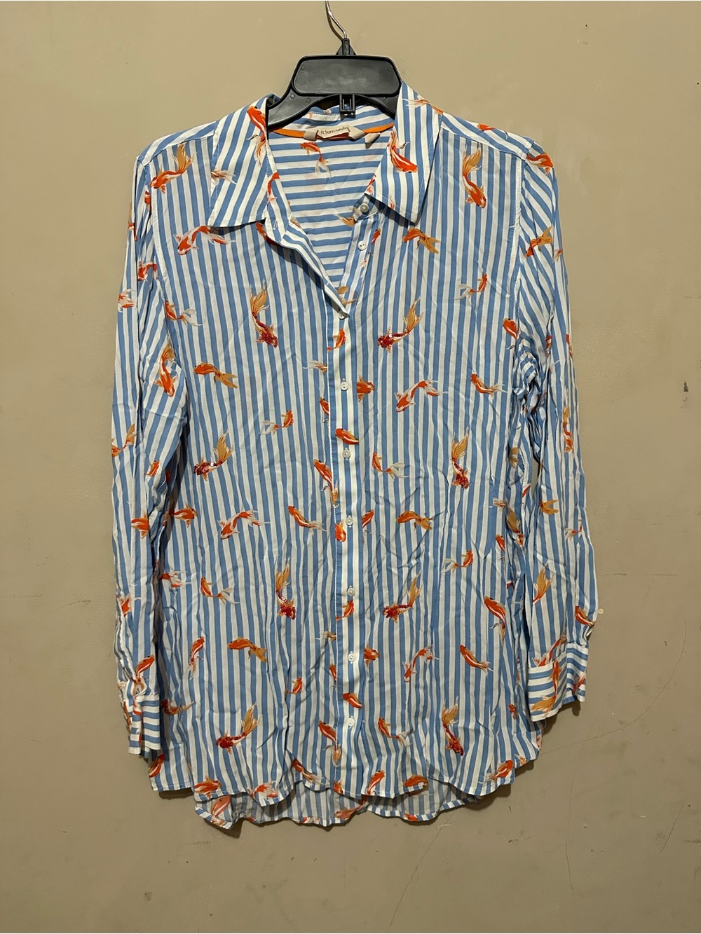Soft Surroundings Sz XL Blue &‎ White Stripe Koi Fish Button Up Shirt Top Soft